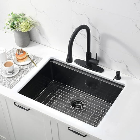 24 Inch Black Undermount Kitchen Sink Workstation-Bokaiya 24x19 Black Stainless Steel Kitchen Under Mount Sink 16 Gauge 10" Deep Single Bowl Kitchen Sinks with Cutting Board