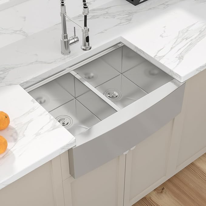 Sarlai 33 Farmhouse Sink Double Bowl - 33x22 Inch Farmhouse Kitchen Sink Ledge Workstation Low Divide Double Bowl 60/40 16 Gauge Stainless Steel Farm Sinks Basin