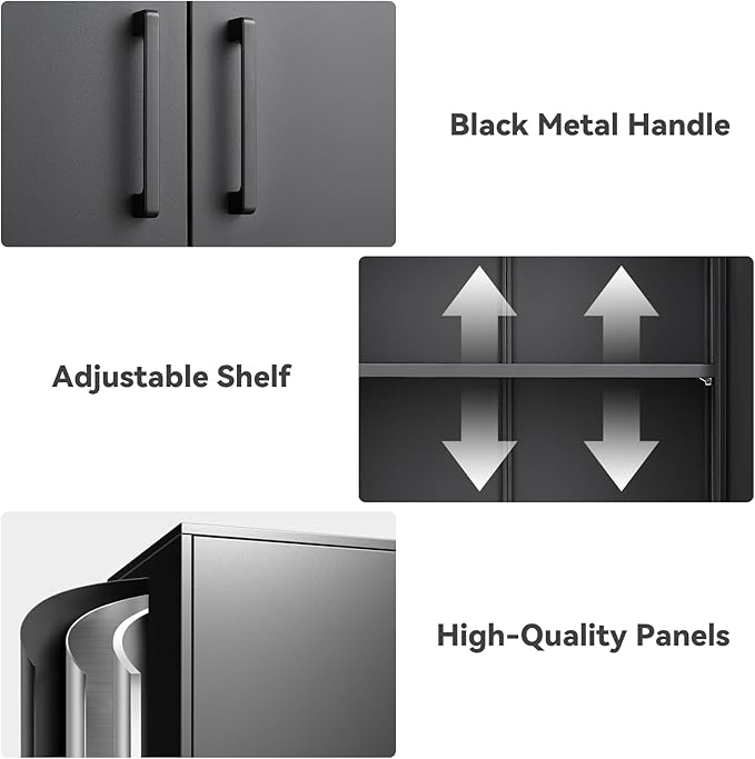 IRONFFICE Metal Wall Cabinet,Garage Wall Cabinet with Handle,Lockable Storage Cabinets Wall Mounted with 2 Doors,Locking Cabinet with Shelves for Basement,Living Home,Black