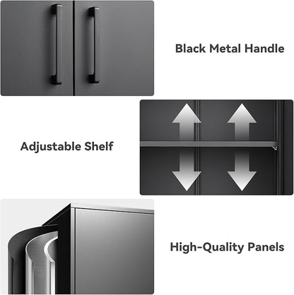 IRONFFICE Metal Wall Cabinet,Garage Wall Cabinet with Handle,Lockable Storage Cabinets Wall Mounted with 2 Doors,Locking Cabinet with Shelves for Basement,Living Home,Black
