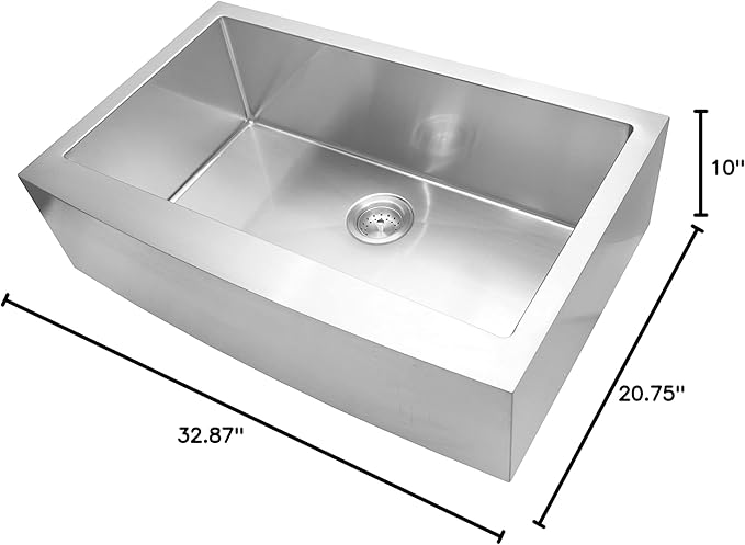 MSI 33 inch Undermount Single Bowl Farmhouse Apron Stainless Steel Kitchen Sink and Strainer, 16 Gauge