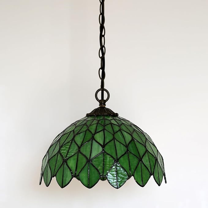Tiffany Pendant Light Plug-in Stained Glass Hanging Lamp 12”x12”x181” Green Maple Leaf Swag Light Vintage Lighting for Dining Room Living Room Kitchen Hallway Bedroom