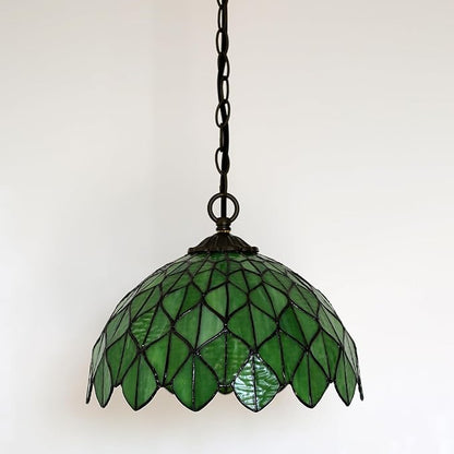 Tiffany Pendant Light Plug-in Stained Glass Hanging Lamp 12”x12”x181” Green Maple Leaf Swag Light Vintage Lighting for Dining Room Living Room Kitchen Hallway Bedroom