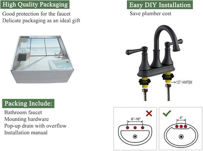 TimeArrow Matte Black 2 Handle Centerset Bathroom Sink Faucet 3 Holes with Drain Assembly, High Arc Modern 4 Inch Bathroom Vanity Lavatory Faucet with Brass 360° Swivel Spout, TAF067Y-MB