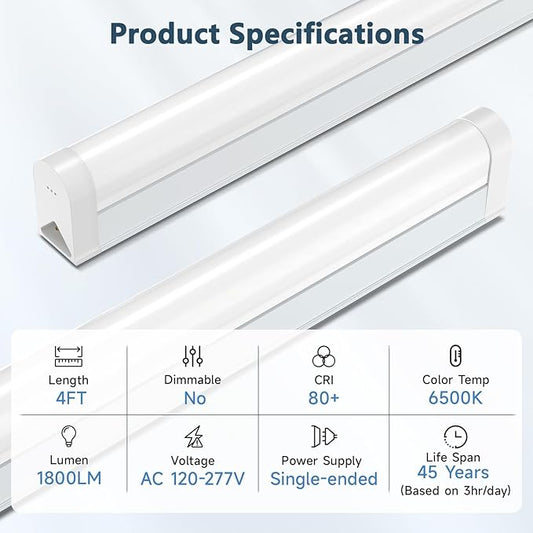 SHINESTAR 6-Pack LED Shop Lights, 4FT, 6500K Super Bright White, 18W 1800LM, T5 Utility Light Fixture for Garage, Ceiling and Under Cabinet, Corded Electric with ON/Off Switch