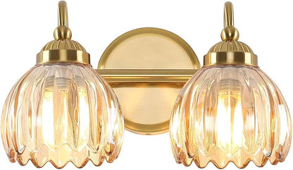 Vintage Bathroom Light Fixtures, Brass Vanity Lights with Amber Tulip Glass Shade, Vanity Sconces for Bathroom Bedroom Living Room Hallway, 2-Light