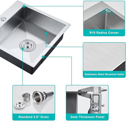 18x18 inch Drop in Kitchen Sink Brushed - TSIBOMU 304 Stainless Steel Small Single Bowl Kitchen Sink with X-Shape Drain Groove, 6" Deep Bar Sink for Compact Kitchen & Wet Bar