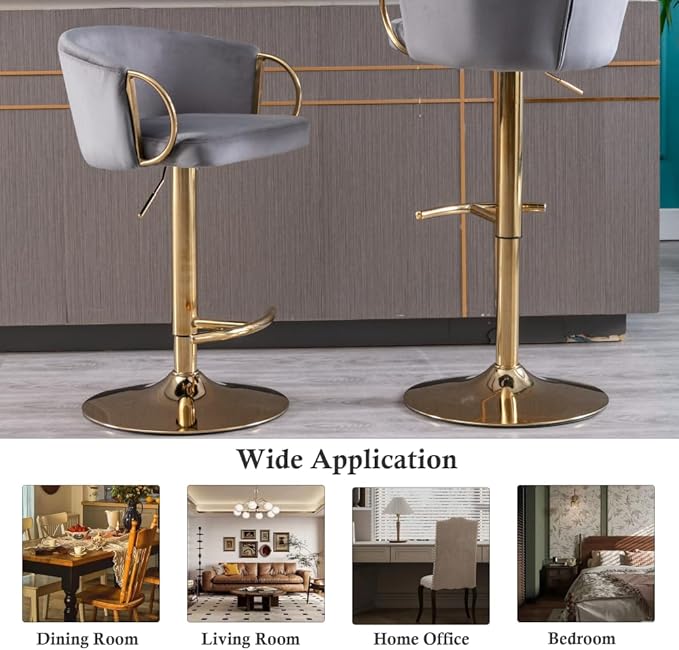 Rhomtree 24-32 Inch Swivel Bar Stools, Adjustable Counter Height Barstools with Gold Stable Metal Frame Footrest, Upholstered Bar Chairs for Home Bar Kitchen Island(Gray Set of 2)