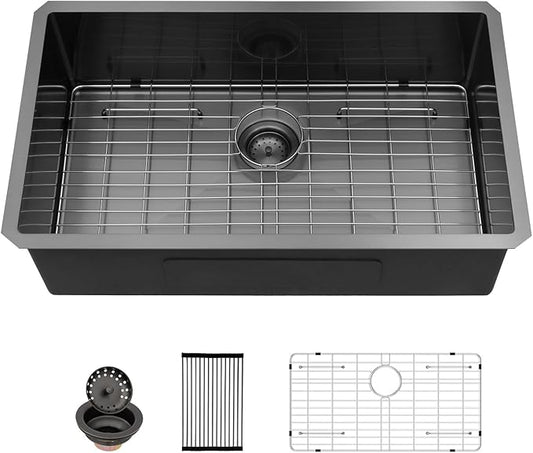 Sarlai 30 Black Undermount Kitchen Sink - 30 x 18 inch Kitchen Sink Undermount Gunmetal Black Stainless Steel 16 Gauge Single Bowl Sinks Basin