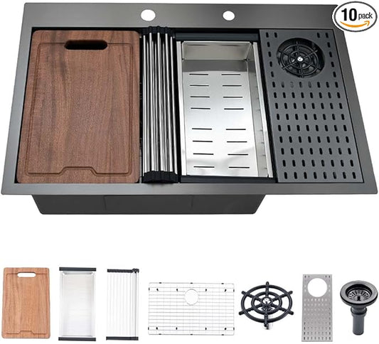 Black Kitchen Sink with Glass Rinser-Hovheir 31x20 Drop In Kitchen Sink Top Mount Workstation Sinks 16 Gauge Black Stainless Steel Single Bowl Deep Sinks with Cutting Board