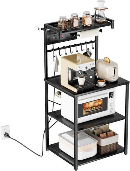 VEVOR Kitchen Bakers Rack with Power Outlets, 23.6 x 15.7 x 55.1 Inch Microwave Stand with Built-in Power Strip & 4.6 Ft Cord, 8 S-Shaped Hooks, for Dish Storage, Spice Jars, Coffee Bar Organization