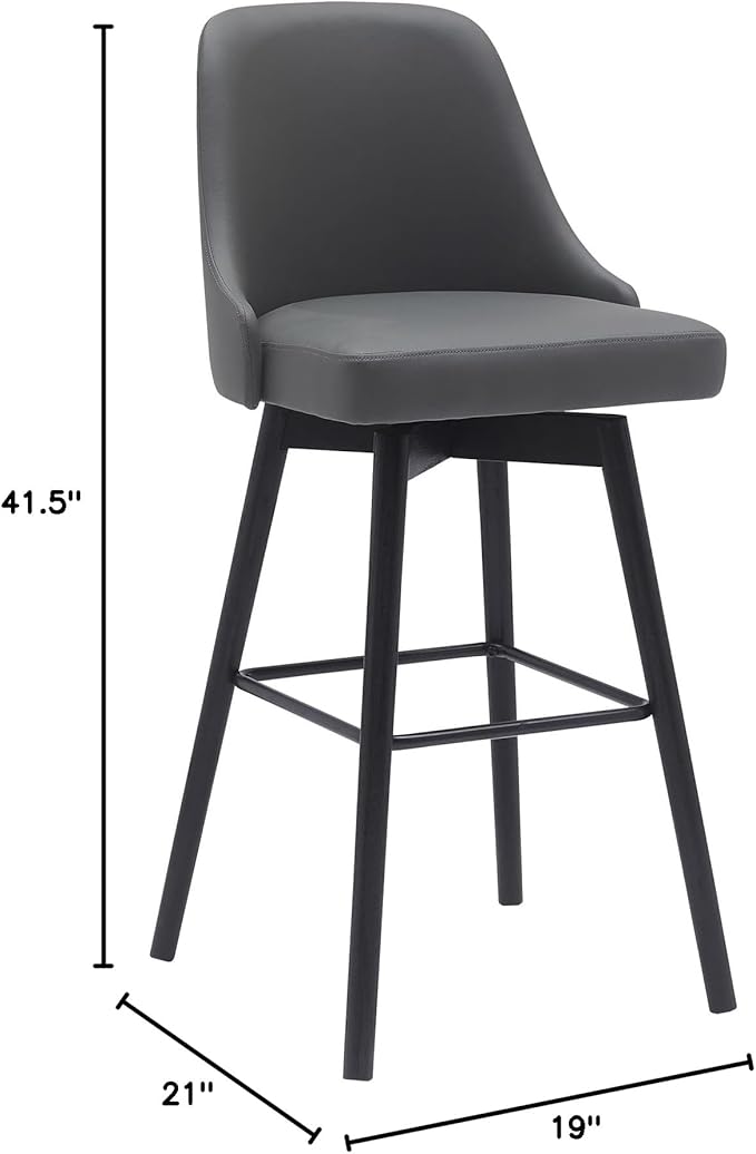 Armen Living Sicily Modern Farmhouse 30" Seat Height Swivel Black Wood Bar Stool for Kitchen Island Counter in Gray Faux Leather
