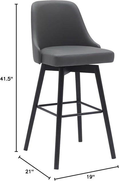 Armen Living Sicily Modern Farmhouse 30" Seat Height Swivel Black Wood Bar Stool for Kitchen Island Counter in Gray Faux Leather