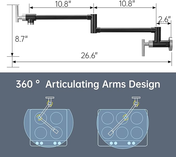 GIMILI Black and Nickel Pot Filler Commercial Wall Mount Faucet Folding Double Joint Swing Arm Pot Filler Rotatable Wall Faucet