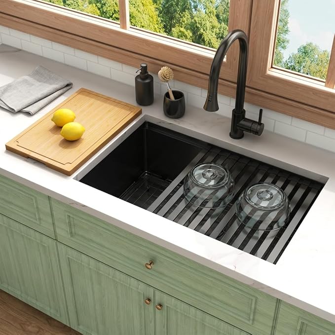 LQS 28 Inch Black Undermount Kitchen Sink, Undermount Kitchen Sink with 10" Deep Single Bowl, 16 Gauage Stainless Steel Material, Workstation Ledge with Abundant Accessories, R10 Round Corner