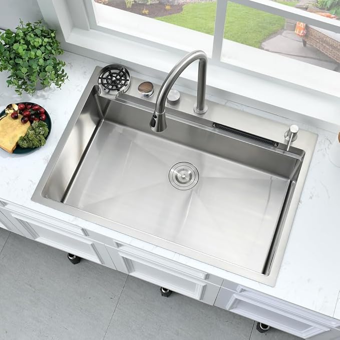 33 Inch Drop In Waterfall Kitchen Sink with Fuacet Combo-Bokaiya 33x22 Drop In Kitchen Sink with Cup Washer 16 Gauge Stainess Steel Top Mount Multifunctional Sink, Updated Water Pressure Control