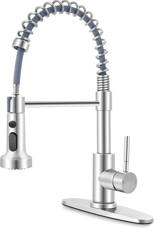 Kitchen Faucets with Pull Down Sprayer Brushed Nickel, Herogo 2.0 Upgraded Commercial Stainless Steel Single Handle Pull Out Spring Sink Faucets with Deck Plate for Utility Farmhouse Laundry Rv Wet