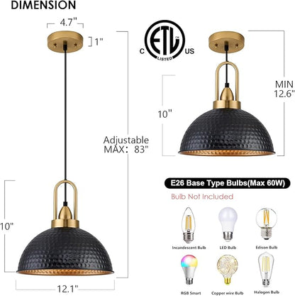 Black Pendant Lights Kitchen Island Industrial Adjustable Height Vintage Farmhouse Dome Hanging Light Fixtures for Barn, Dining Room 2 Packs