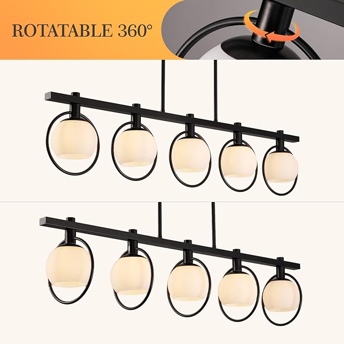 WJShome Dining Room Light Fixture/Chandelier Over Table, 5-Light Modern Kitchen Island Lighting Hanging for Farmhouse Linear Chandeliers Matte Black Ceiling Pendant Light Fixtures with Glass Shade