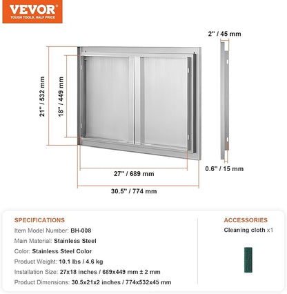 VEVOR BBQ Access Door, 30.5W x 21H Inch Double Outdoor Kitchen, Stainless Steel Flush Mount, Wall Vertical with Recessed Handles, for BBQ Island, Grilling Station, Outside Cabinet