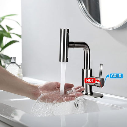 Bathroom Faucet, Single Handle Pull Out, 1 or 3 Holes, Stainless Steel, Brushed Matte Black, 24 Inch Hose, 4 Mode Sprayer, Deck Mount, Bathroom Sink Vanity