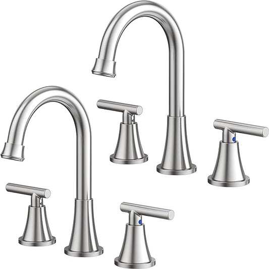 Bathroom Faucets for Sink 3 Hole, Hurran Brushed Nickel Bathroom Sink Faucet with Pop-up Drain and Supply Lines, Stainless Steel Lead-Free Widespread Faucet for Vanity RV, 2 Pack