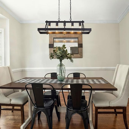 Industrial Black Chandelier for Dining Room, 5-Light Farmhouse Rustic Light Fixture Over Table, Modern Linear Rectangular Kitchen Island Pendant Lighting