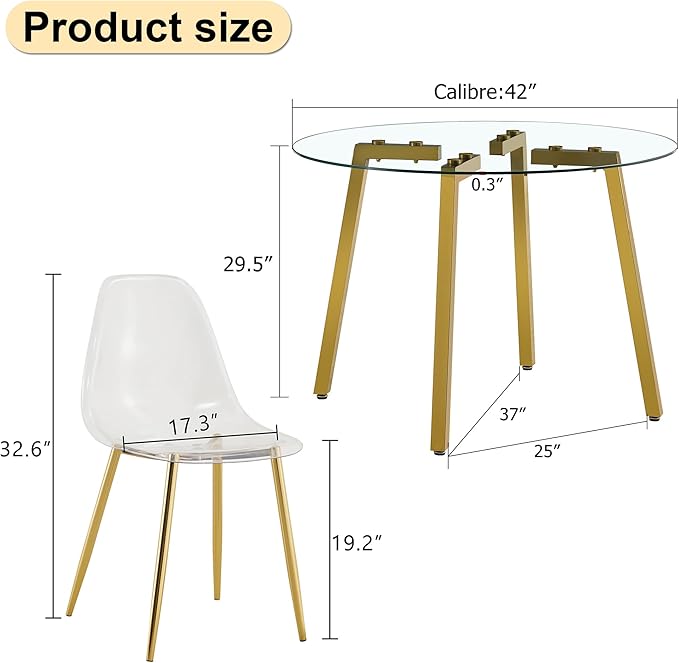 Round Glass Dining Table Set with 4 Transparent Plastic Chairs, 42 Inch Diameter Clear Tempered Glass Top with Gold Metal Legs, Contemporary Aesthetic for Dining Room and Kitchen