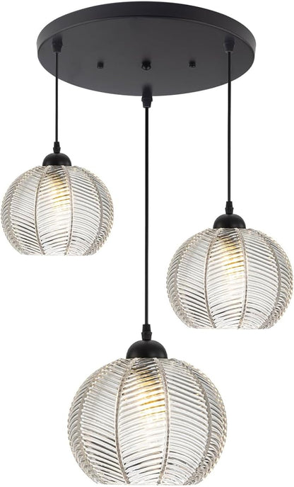 mid Century Pendant Lights Kitchen Island Chandelier Clear Black Pendant Light Pumpkin Design with Ribbed Glass Shade Modern Adjustable Cord Glass Ceiling Pendant Light Dining Room