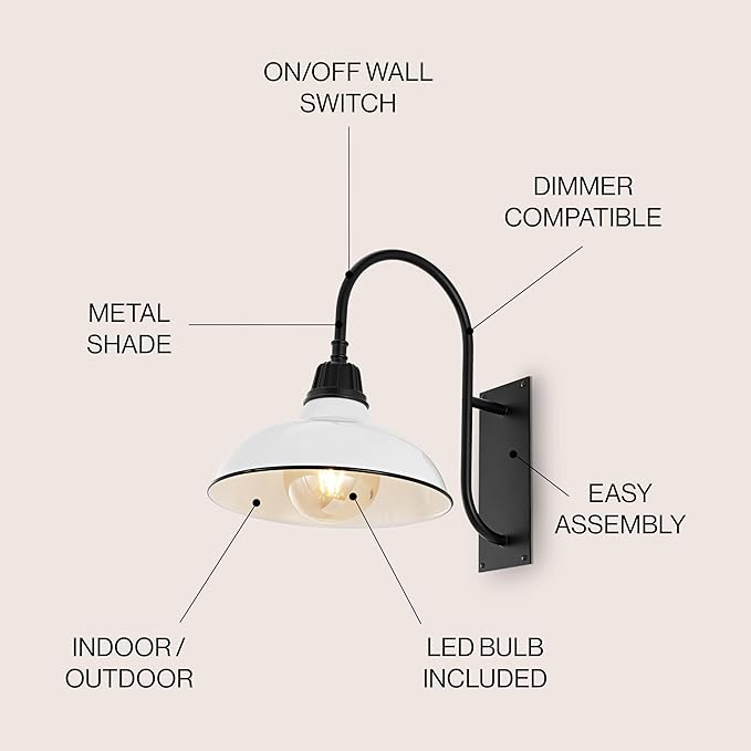 JONATHAN Y 12.25" White/Black 1-Light Farmhouse Gooseneck Outdoor Wall Sconce Lamp, with Black Metal Bowl Shade, Industrial Iron LED Porch Light for Patio Garage Entryway JYL7614A
