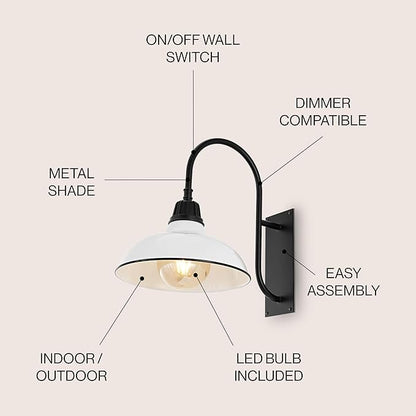 JONATHAN Y 12.25" White/Black 1-Light Farmhouse Gooseneck Outdoor Wall Sconce Lamp, with Black Metal Bowl Shade, Industrial Iron LED Porch Light for Patio Garage Entryway JYL7614A