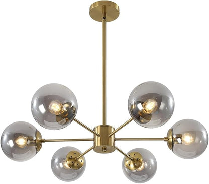 KCO Lighting Gold Globe Chandelier Smoke Bubble Glass Ball Pendant Lighting Fixture Modern 6-Light Brushed Brass Sputnik Chandelier Light Mid Century Hanging Ceiling Lamp for Living Room