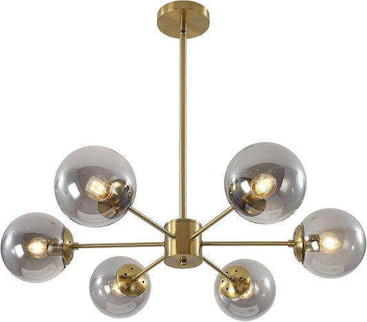 KCO Lighting Gold Globe Chandelier Smoke Bubble Glass Ball Pendant Lighting Fixture Modern 6-Light Brushed Brass Sputnik Chandelier Light Mid Century Hanging Ceiling Lamp for Living Room