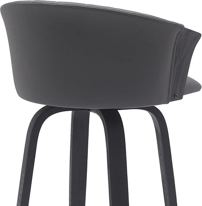 Armen Living Diana 26" Seat Height Mid Century Modern Swivel Black Wood Bar Stool for Kitchen Island Counter in Gray Faux Leather