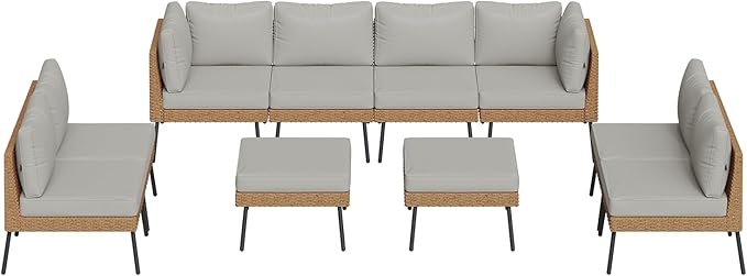 Aoxun 10 Piece Patio Furniture Set, 10 Seats Outdoor Sectional Sofas with Thick Cushion, Wicker Outdoor Patio Furniture Set with Ottomans for Party, Garden, Backyard, Grey