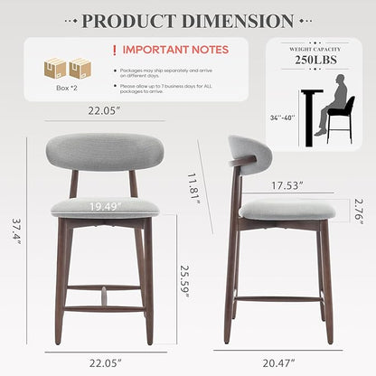 Upholstered Counter Height Bar Stools Set of 3, Kitchen Island Stools with Back, Modern Counter Stools Island Bar Chairs with Wood Legs for Kitchen Island Dining Room Bar, Light Grey