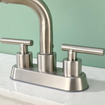 TUTEW Brushed Nickel Pull-Down Bathroom Faucet – 4-Inch Widespread 3-Hole Design, 360° Swivel Spout, 4 Spray Modes with Pop-Up Drain, Easy Install