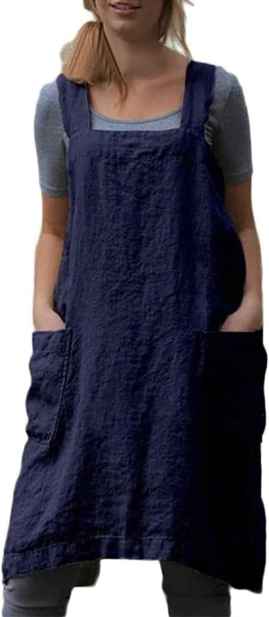 Cotton Linen Apron Cross Back Apron for Women with Pockets Pinafore Dress for Baking Cooking