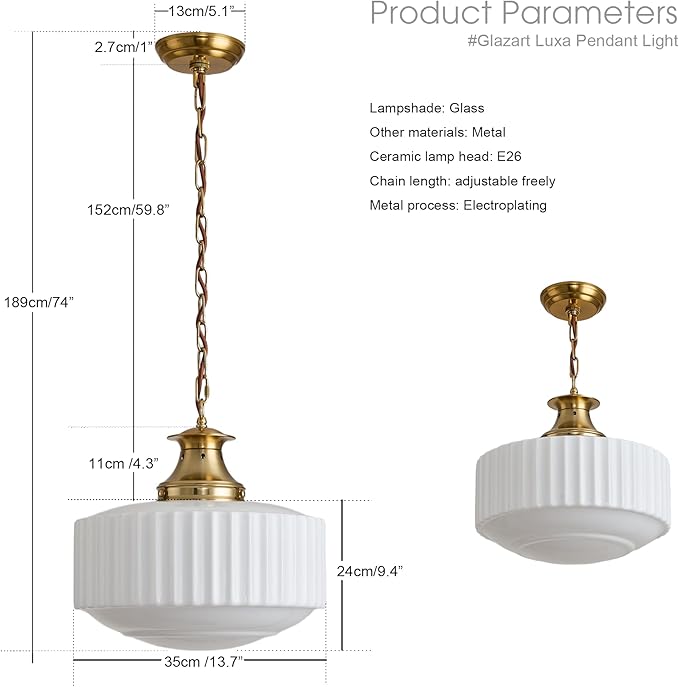 Vintage Brass Milk Glass Pendant Light Fixture, Mid‑Century Modern Chandelier, Antique Schoolhouse Pendant Lights for Kitchen Island, Dining Room, Entryway, Hallway, E26 Base