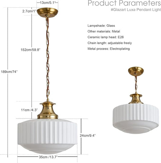 Vintage Brass Milk Glass Pendant Light Fixture, Mid‑Century Modern Chandelier, Antique Schoolhouse Pendant Lights for Kitchen Island, Dining Room, Entryway, Hallway, E26 Base