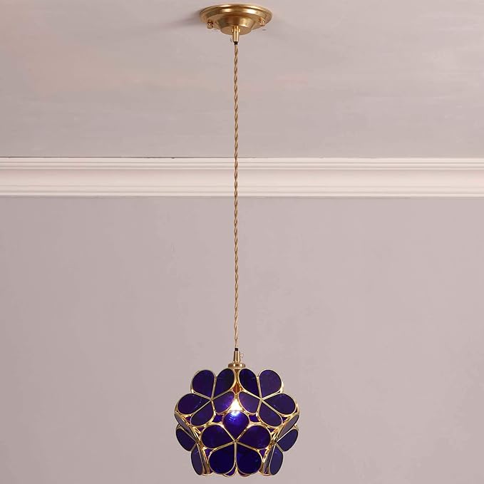Bieye L10746 Petals Tiffany Style Stained Glass Ceiling Pendant Light with 8-inch Wide Lampshade (Cobalt Blue, 8" Cherry Blossom)