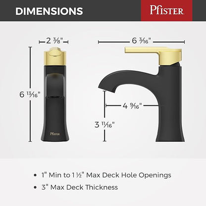 Pfister Vaneri Bathroom Sink Faucet, Single Control, 1-Handle, Single Hole, NSF Certified, Matte Black and Brushed Gold Finish, LF042VRIBBG