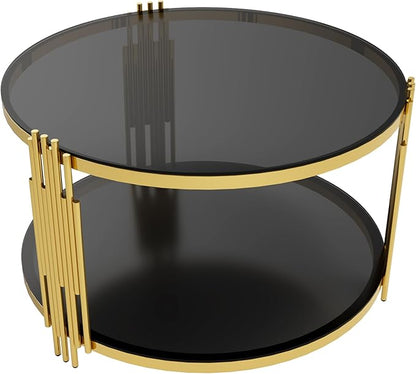 Modern Black Mirror Coffee Table, Asymmetrical Metal, Circular Metal Drum Base, Gold Finish & Lower Shelf