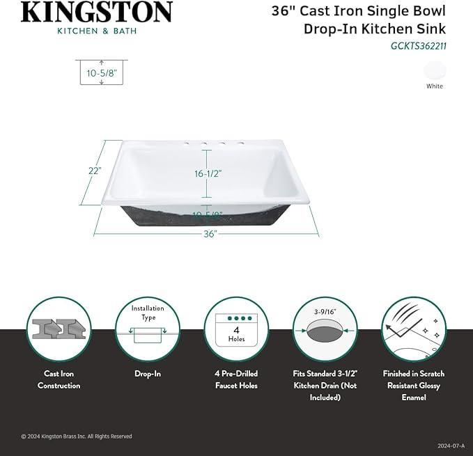 Gourmetier GCKTS362211 Towne 36-Inch Cast Iron Drop-In Kitchen Sink, 4-Hole, White