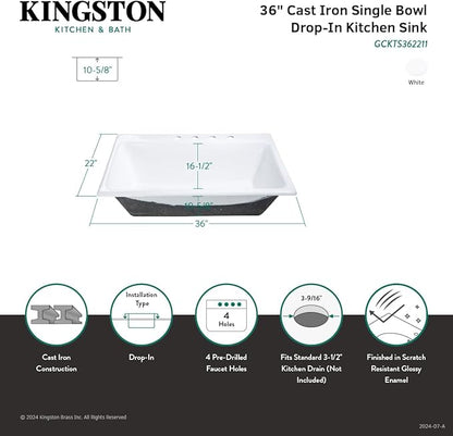 Gourmetier GCKTS362211 Towne 36-Inch Cast Iron Drop-In Kitchen Sink, 4-Hole, White