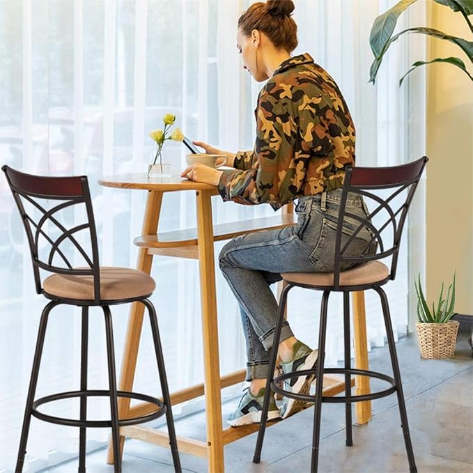 VECELO Bar Stools Set of 2, 24/29" Height Adjustable Barstool,Swivel Counter Stool with Upholstered Seat/Footrest/Back,Steel Bistro Pub Chairs, Island Chairs,Wood Top Backrest
