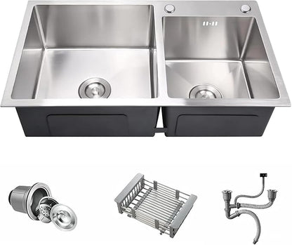 32" x 18" Drop-in/Topmount Double Bowl Kitchen Sink, Nano-Coated 304 Stainless Steel Kitchen Sink with Drain and Overflow