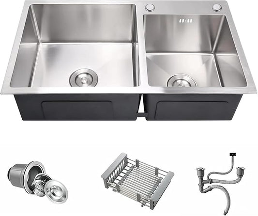 32" x 18" Drop-in/Topmount Double Bowl Kitchen Sink, Nano-Coated 304 Stainless Steel Kitchen Sink with Drain and Overflow