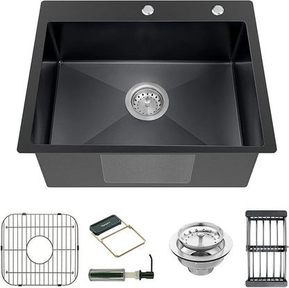 Black 22x18 Inch Kitchen And Bar Sink-Stainless Steel Drop In Single Bowl Topmount Kitchen&Bar Sink Combo-Sink Grid,Soap Dispenser,Drain Basket,Strainer Mesh,Drain Strainer Set for Modern Kitchen Sink