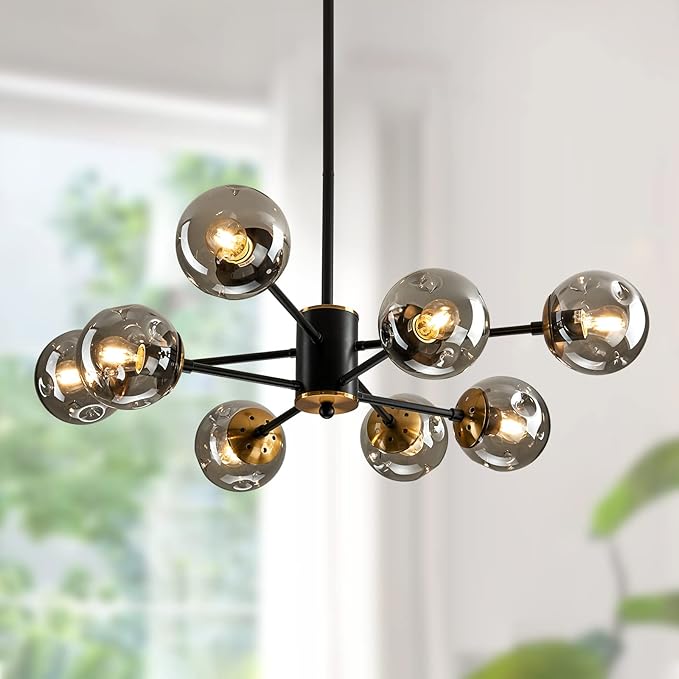 SZXYKEJI 8 Light Chandelier Pendant Lighting Black with Glass Globes Classic Vintage Sputnik Ceiling Light Fixture for Kitchen Living Room Dining Room Bedroom Farmhouse..